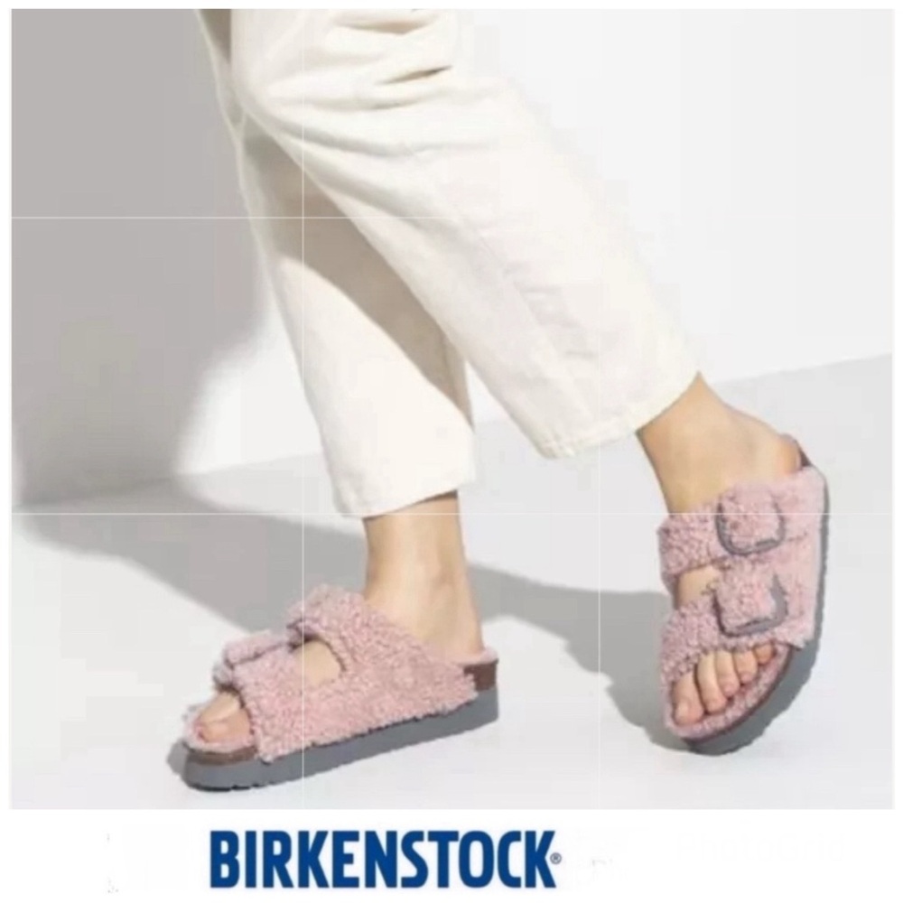 BIRKENSTOCK Papillio Arizona Rosa Pink Teddy Big Buckle Shearling Sandals Sz 39